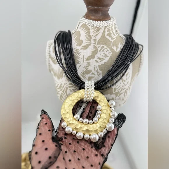Statement Pendant Necklace | Multi-Strand Black Cord with Gold & Pearl Accents - Picture 10 of 12